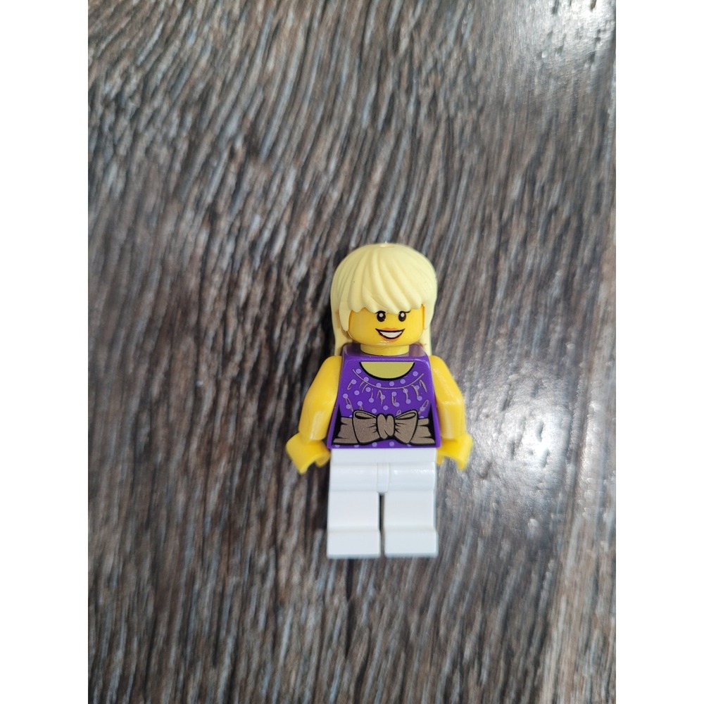 LEGO City Female Minifigure Purple Bow Tank Top White Pants Blonde Hair 2012 #3